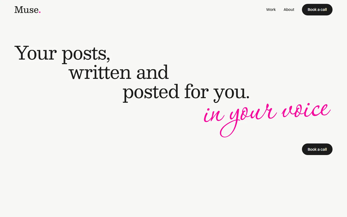 The Muse Media Management home page: the headline Your posts, written and posted for you, in your voice, set in serif and pink script type.