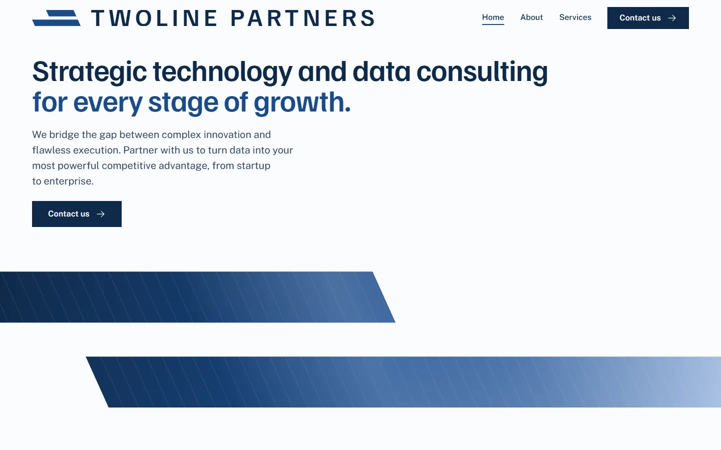 The TwoLine Partners home page: a blue slanted logo, the headline Strategic technology and data consulting for every stage of growth, and a contact button.